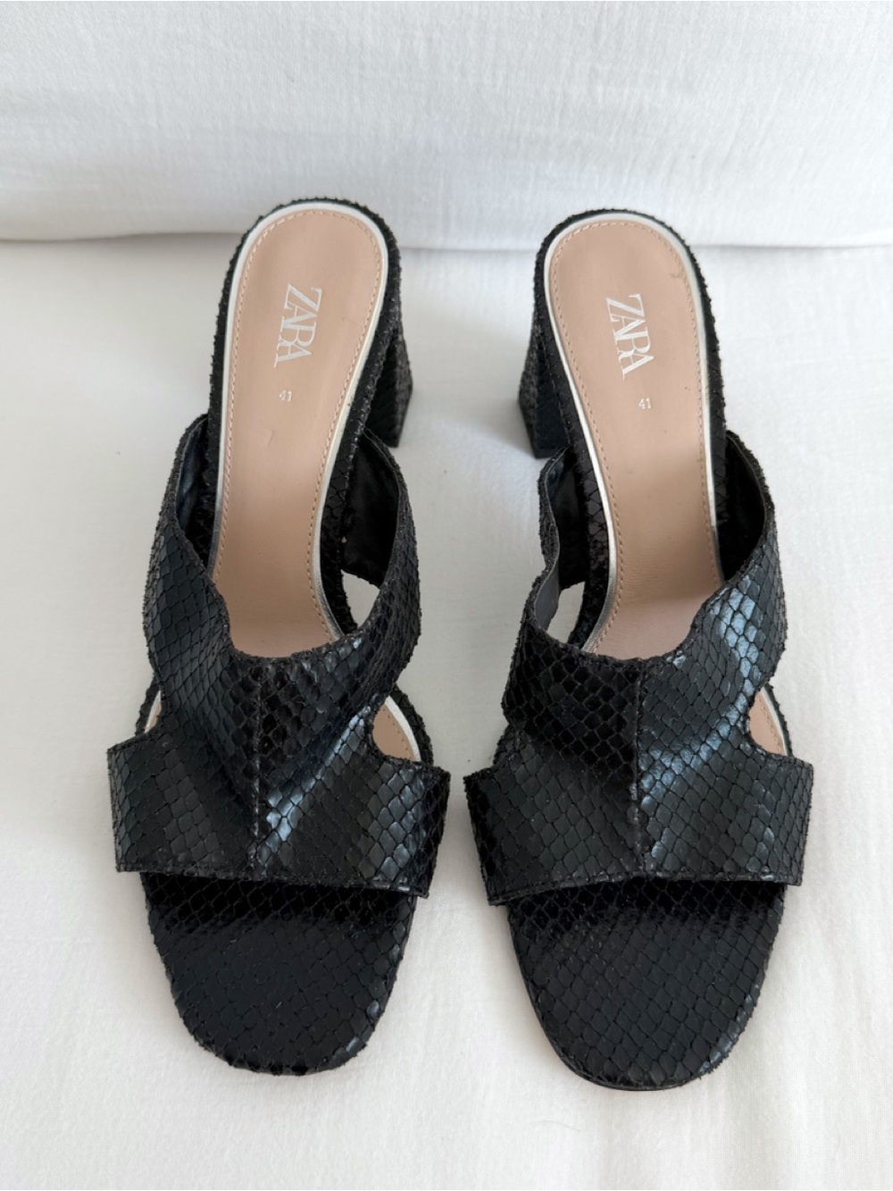 Zara Black Snakeskin Block Heel Slide Sandals